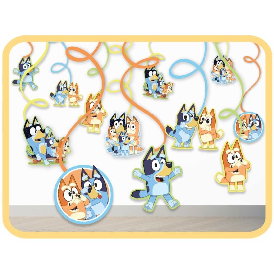 12 pack of Bluey hanging spiral party decorations. Featuring pictures of Bluey and the heeler family 