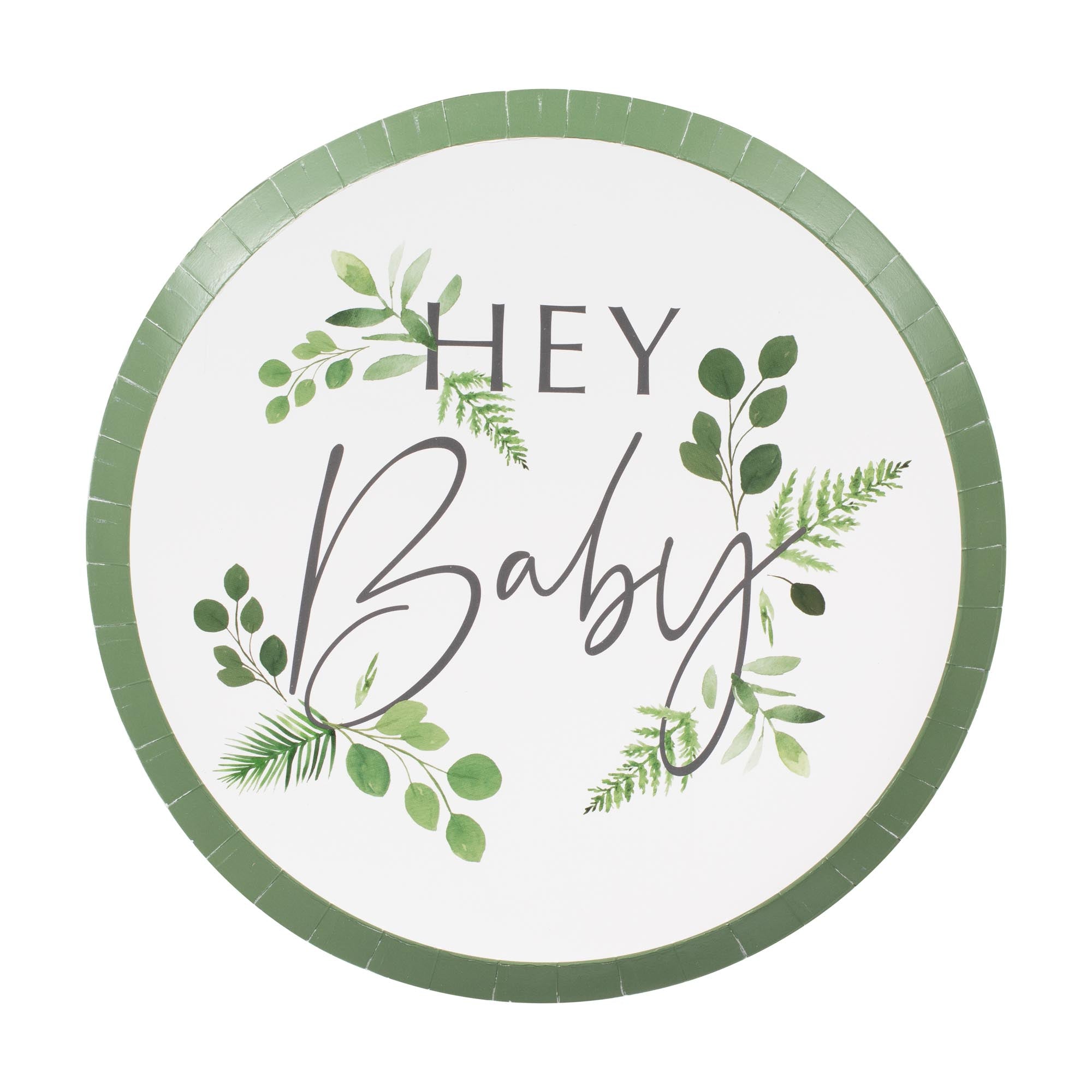 Botanical paper party plates with the words "hey baby" decorating the centre