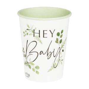 botanical baby party cups that read "hey baby"