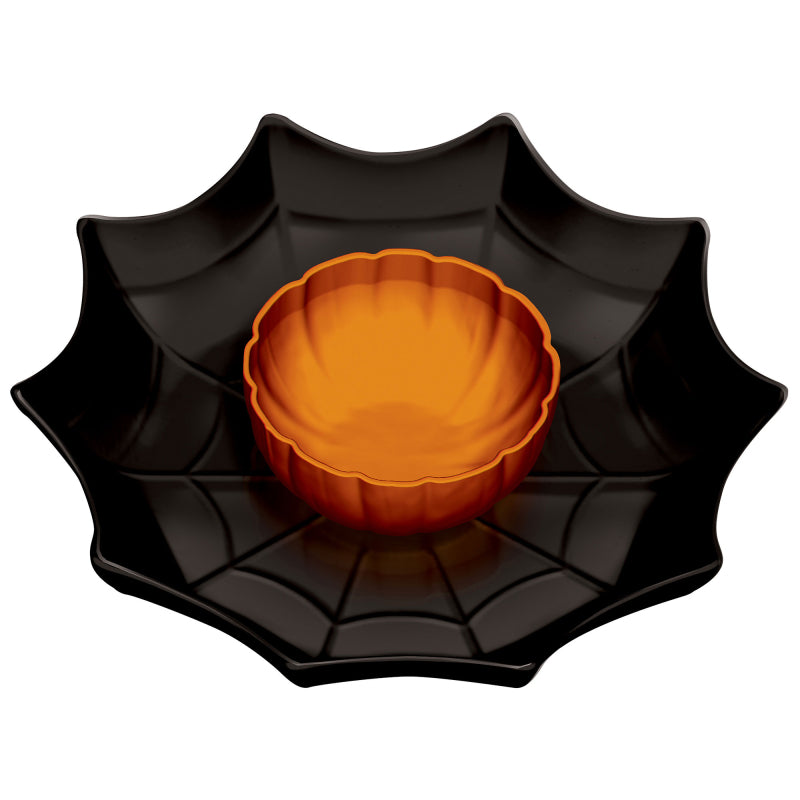Halloween chip and dip plate in orange and black.