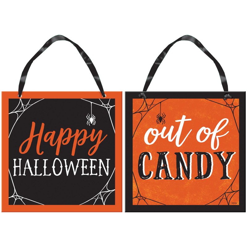Reversible halloween sign. One side says out of candy and the other side says happy halloween. 