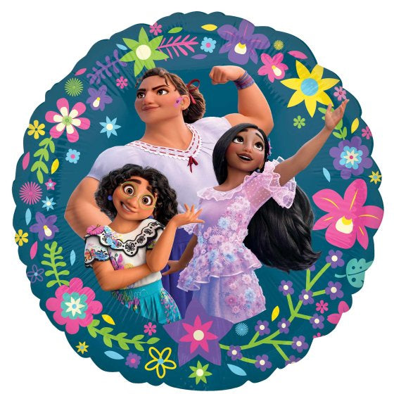 Encanto 45cm round foil balloon shows a picture of Mirabel and her sisters surrounded by flowers
