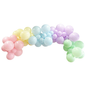 Beautiful pastel macaron coloured DIY balloon garland kit - picture shows assembled garland