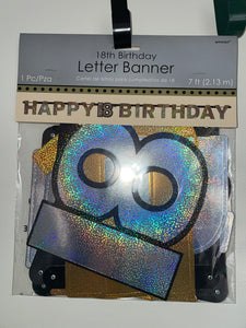 Sparkling celebrations- happy 18th birthday banner - gold, silver and black 