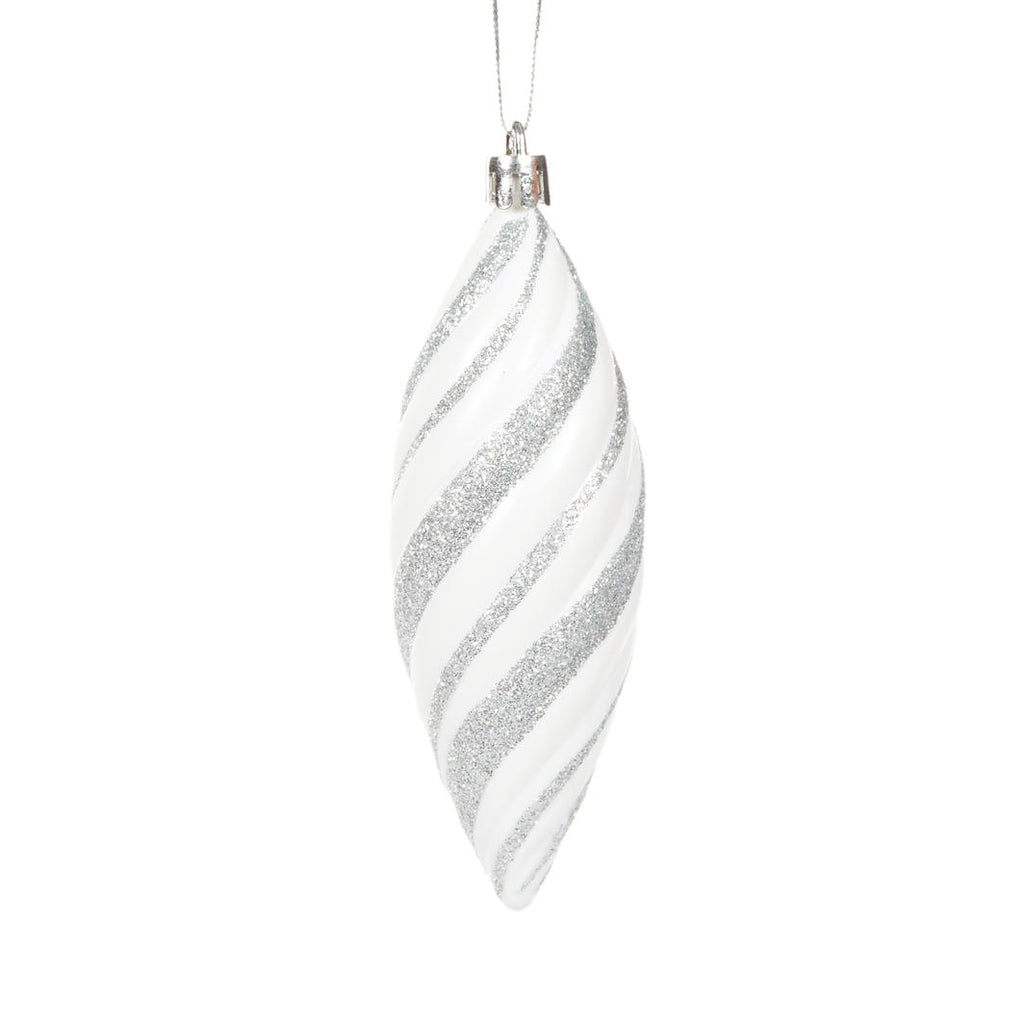 silver and white swirl drop bauble to decorate a Christmas tree