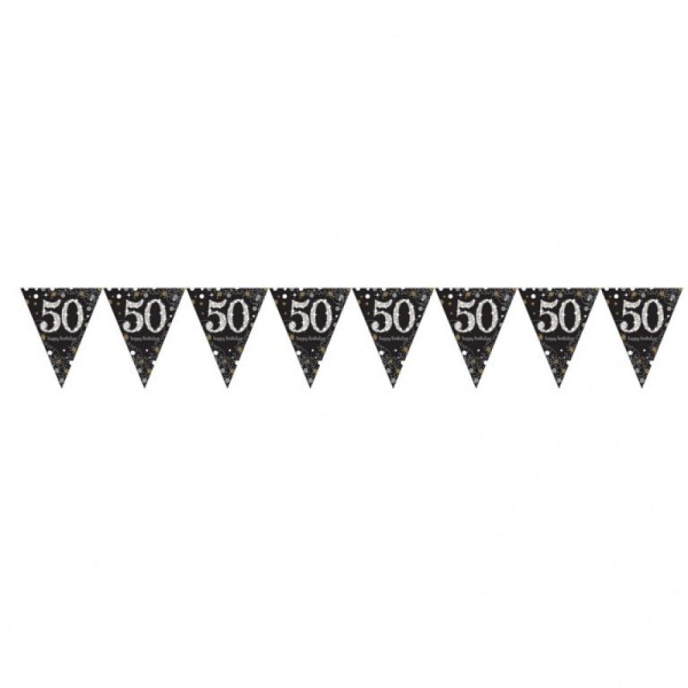 50th birthday pennant banner in black, gold and silver 