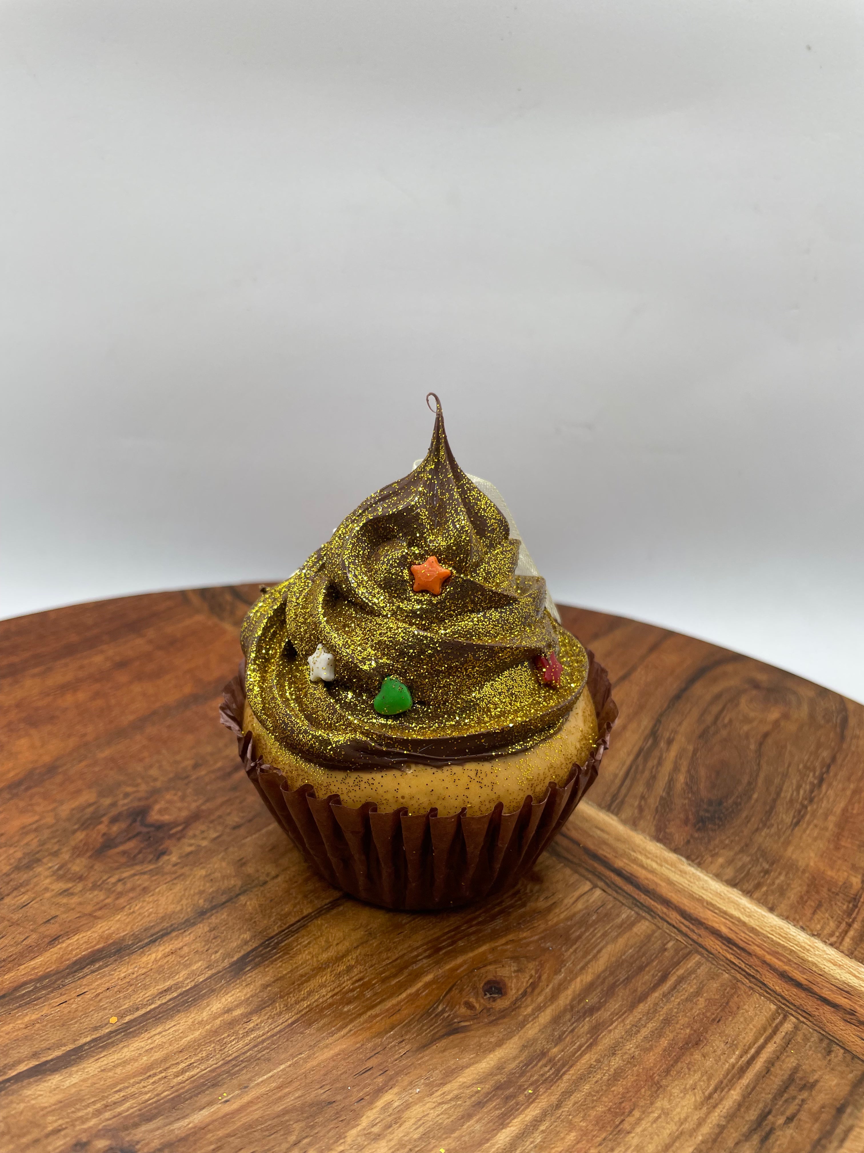 realistic cupcake ornament- gold glitter 