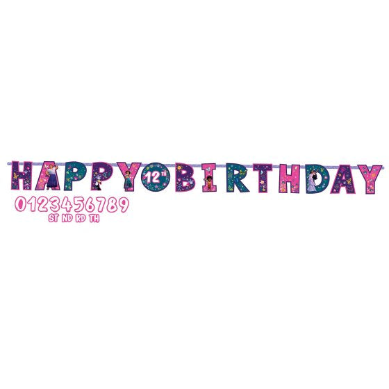 Encanto customisable jumbo birthday banner decoration which reads happy birthday. pink, purple and green in colour with pictures of Mirabel.