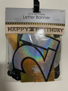 Happy 21st birthday sparkling banner - gold, black and silver 
