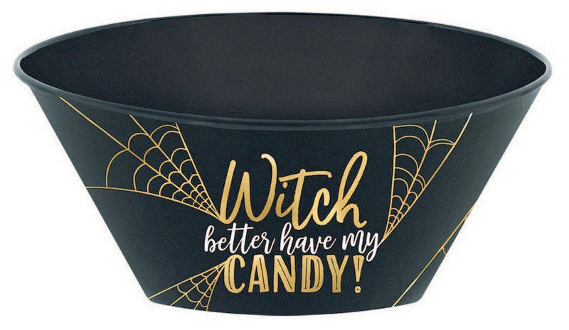 Halloween decorations - candy / treat bowl. Black with the words "witch better have my candy" on the front in gold foil lettering