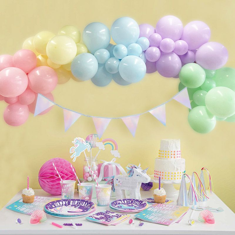 Beautiful pastel macaron coloured DIY balloon garland kit - example set up 