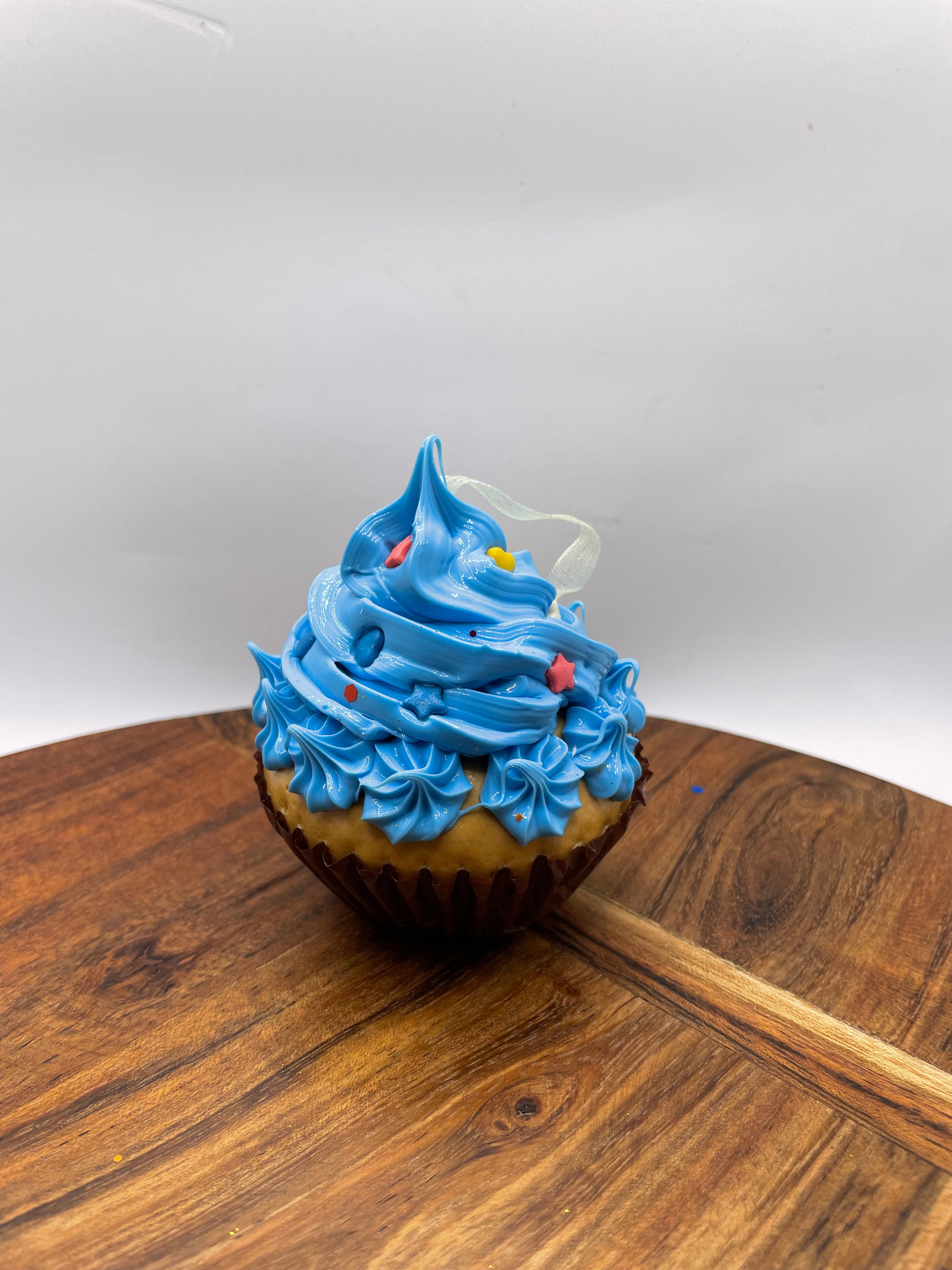 realistic cupcake ornament- blue with stars