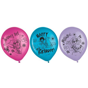 6 pack of Encanto latex balloons featuring pictures of Mirabel in pink, purple and teal. 