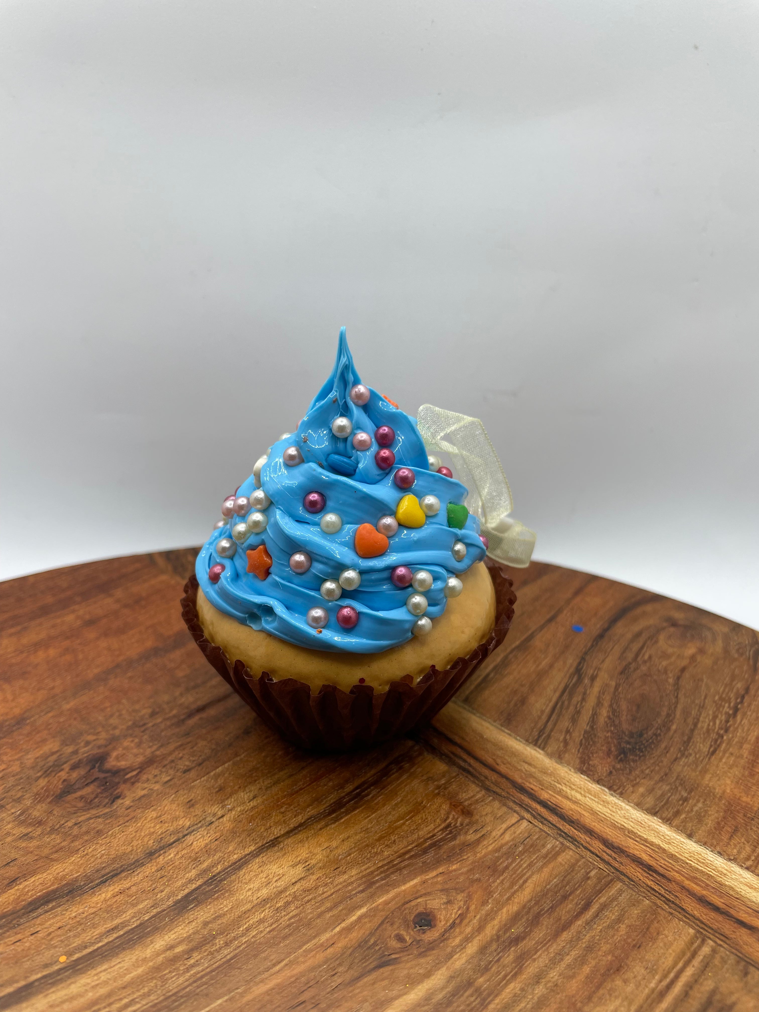 realistic cupcake ornament- blue with hearts and balls