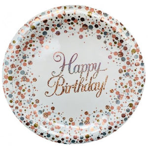 Sparkling fizz rose gold party supplies - happy birthday plates 