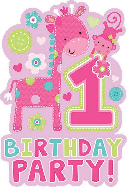 Wild One Girl 1st birthday party decorations- invitations pink with giraffe and monkey 